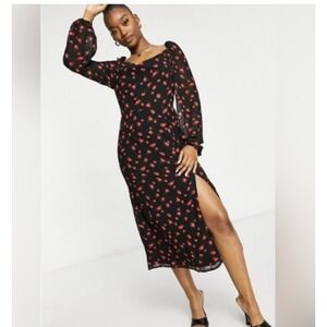 Missguided‎ Womens Rose Floral Midi Dress 8 Black Red Dark Romantic Witchy NTW